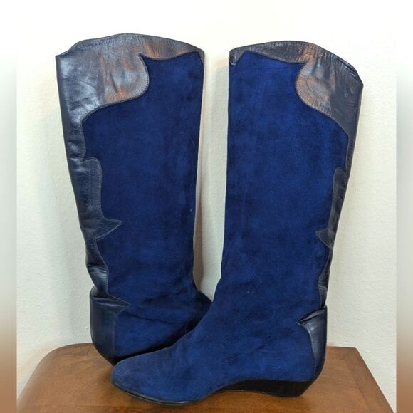 VTG Nordstrom Blue Suede Whimsigoth Glam Rock Quiet Luxury Boots 37 - Picture 1 of 11